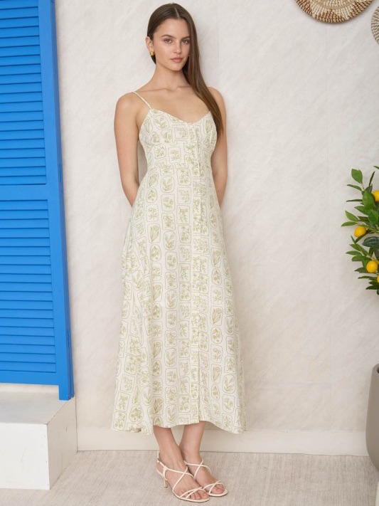 Floral Tile Ivory & Light Green Printed Midi Dress Nwt